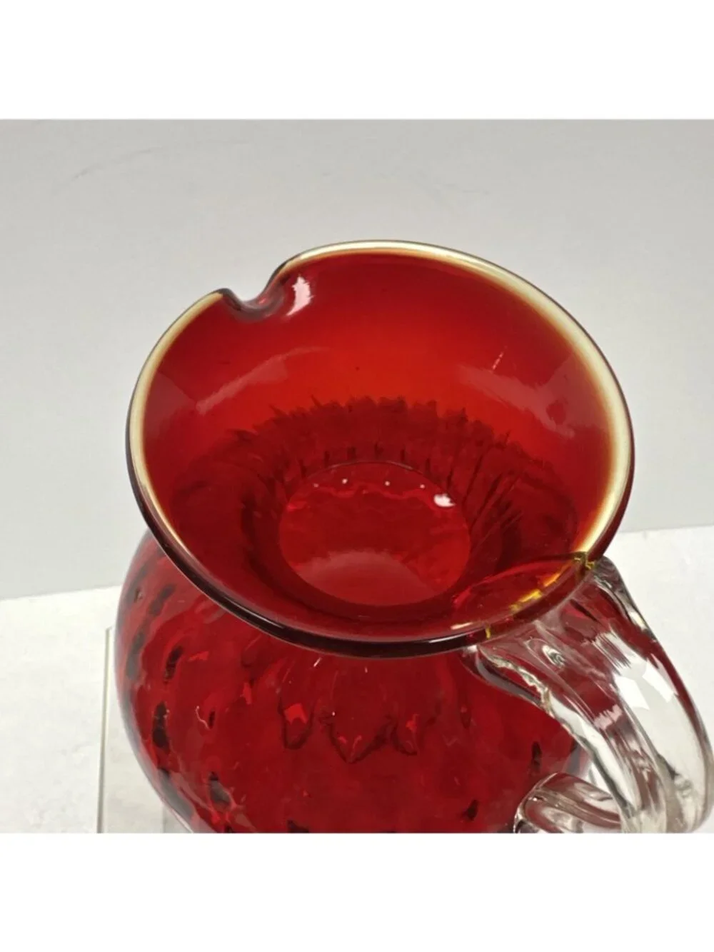 Pilgrim Glass Ruby Red Quilted Optic Pitcher Handle Rim Glows Hand Blown 5”